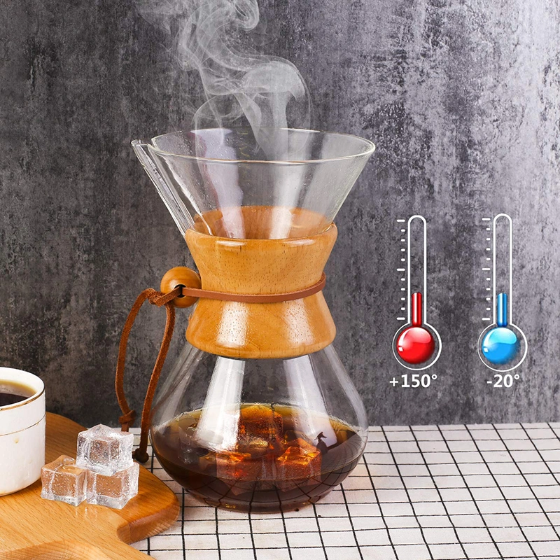 Manual Coffee Dripper Brewer with Real Wood Sleeve Pour Over Coffee Maker Borosilicate Glass Carafe and Coffeepot