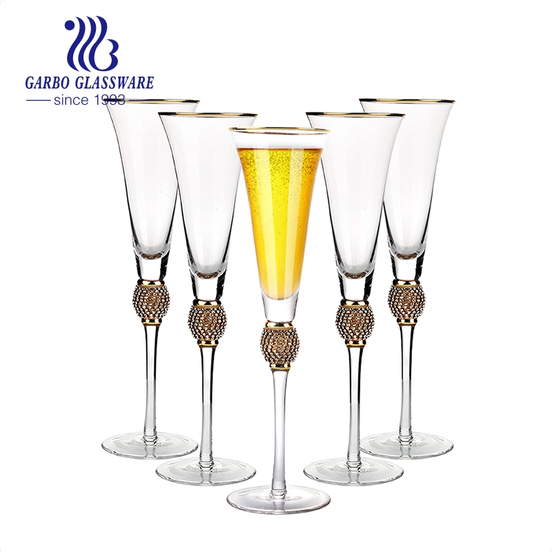 6.7 Oz Champagne Flute with Stem Diamond Design Glass Goblet Luxury Gold Rim Wine Glasses Gifts for Wedding