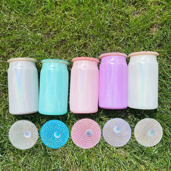 16oz schimmerndes Glitzerglas mit Diamantdeckeln, klares, funkelndes holografisches Schimmerglas mit Plastikstrohhalm, Soda-Bier, Kaffeebecher, Tassen, USA Warehouse